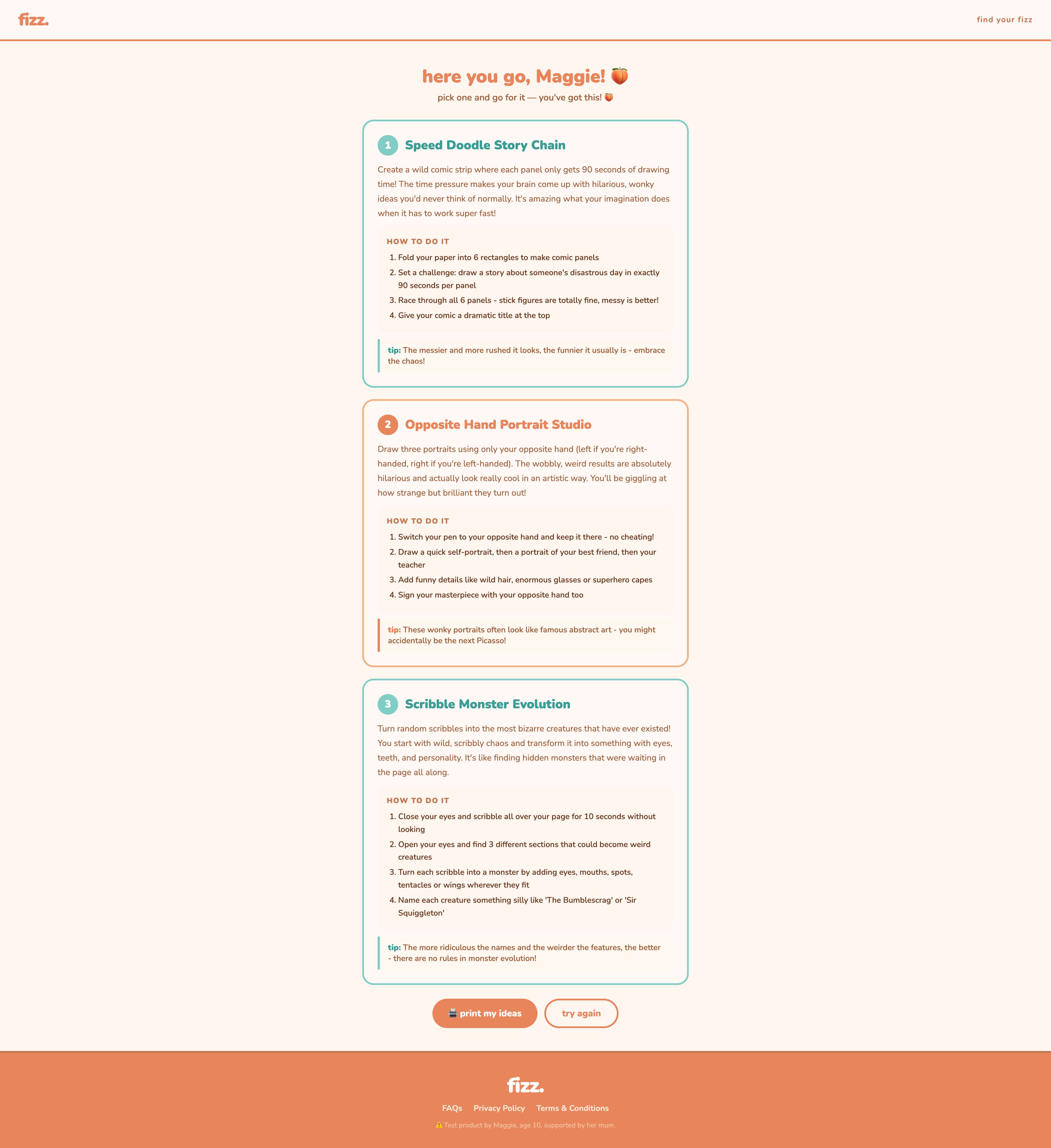 Fizz results showing creative activity ideas